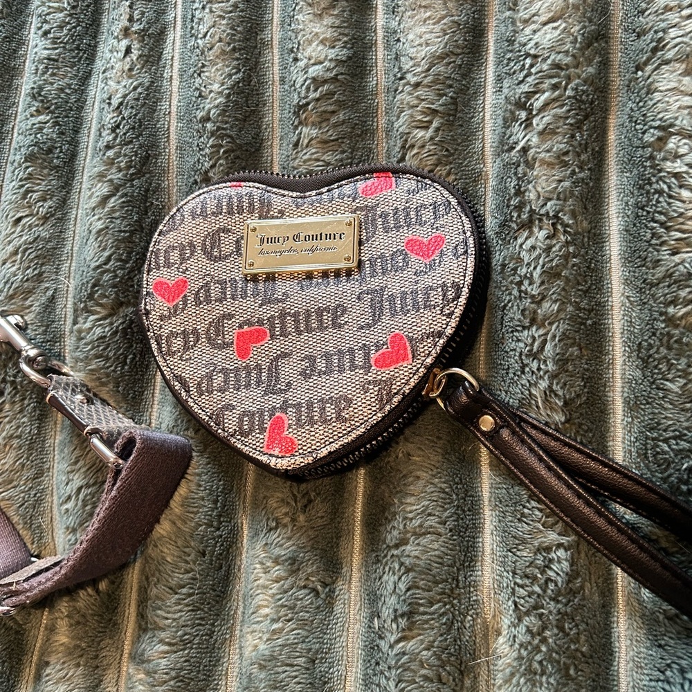 Juicy Couture Gray Logo Heart Coin Purse with Red Hearts
